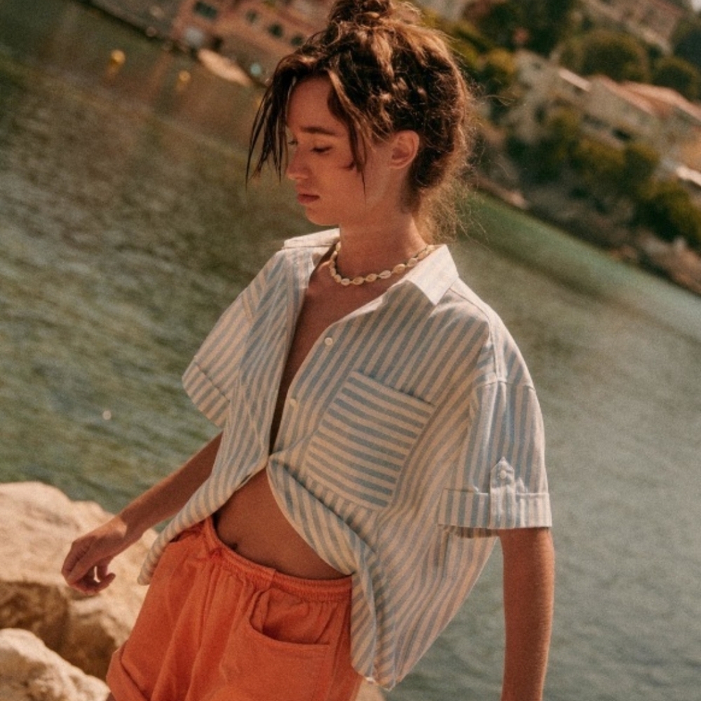 Sezane Striped Blue and White Short Sleeve Button Shirt